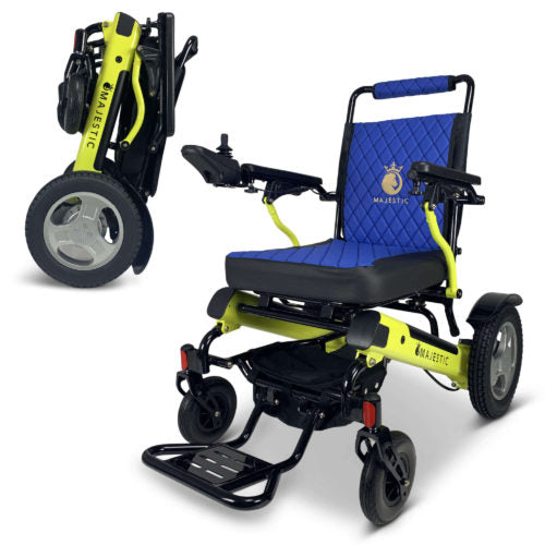 Yellow Frame | Blue Cushion & Backrest Silver Frame | Blue Cushion & Backrest Patriot-11 ComfyGo Foldable Electric Wheelchair 